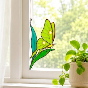 Luna moth butterfly stained glass suncatcher. Whimsical christmas gift. Handmade butterfly window hanging, gift for mom, modern home decor