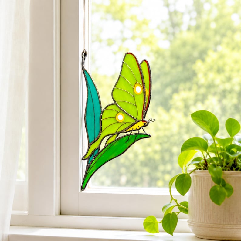 Luna moth butterfly stained glass suncatcher. Whimsical christmas gift. Handmade butterfly window hanging, gift for mom, modern home decor