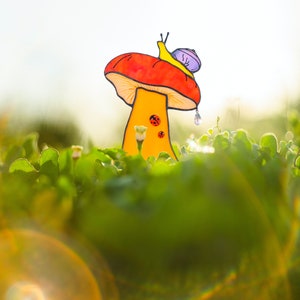 Stained Glass Mushroom Garden Stake with Snail & Ladybugs.