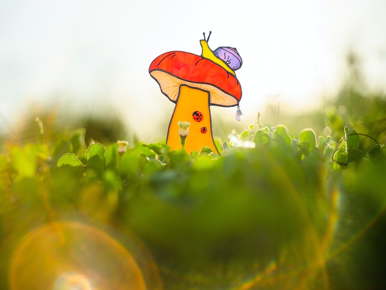 Stained Glass Mushroom Garden Stake with Snail & Ladybugs.