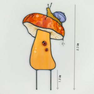 Stained Glass Mushroom Garden Stake with Snail & Ladybugs.