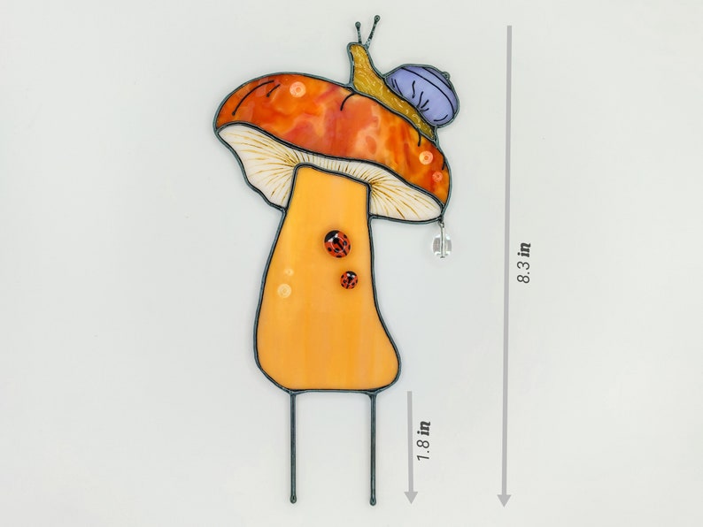 Stained Glass Mushroom Garden Stake with Snail & Ladybugs.