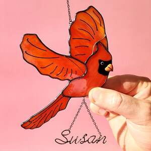 Personalized Red Bird Cardinal Suncatcher. Stained Glass Red Cardinal Window Hangings.