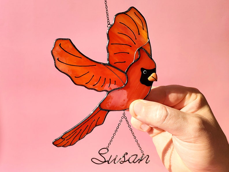 Personalized Red Bird Cardinal Suncatcher. Stained Glass Red Cardinal Window Hangings.