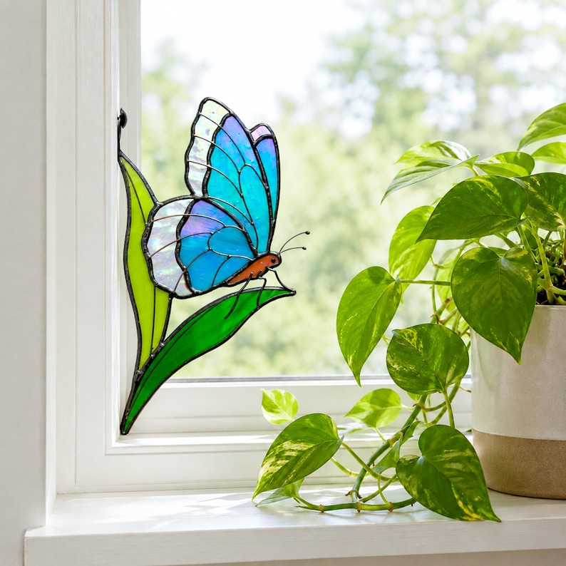 Blue iridescent butterfly stained glass suncatcher. Whimsical christmas gift. Handmade butterfly window hanging, gift for mom, modern home decor