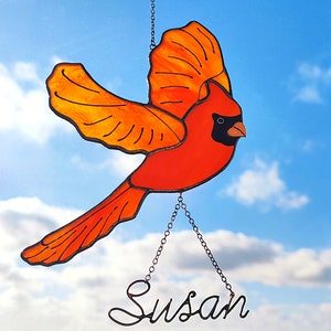 Personalized Red Bird Cardinal Suncatcher. Stained Glass Red Cardinal Window Hangings.
