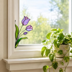 Stained Glass Purple Tulips Corner Suncatcher. Remembrance Flower Gift, Memorial Window Decor, Handmade Sympathy Gift for Loved One