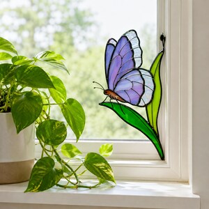 Purple butterfly stained glass suncatcher. Whimsical christmas gift. Handmade butterfly window hanging, gift for mom, modern home decor
