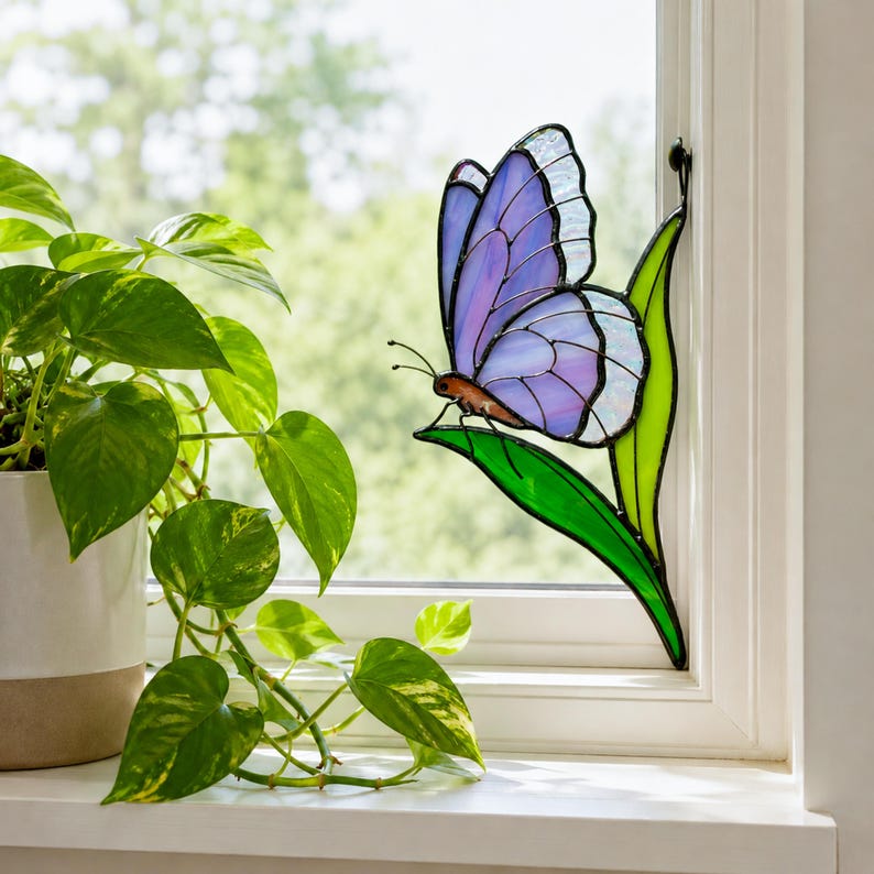Purple butterfly stained glass suncatcher. Whimsical christmas gift. Handmade butterfly window hanging, gift for mom, modern home decor