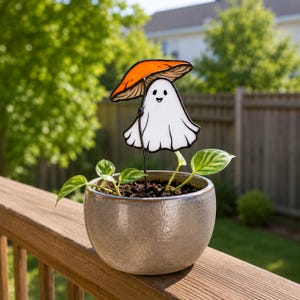 Stained glass ghost with orange mushroom plant stake. Halloween plant decor. Cute ghost decor, spooky garden decor, handmade halloween gift