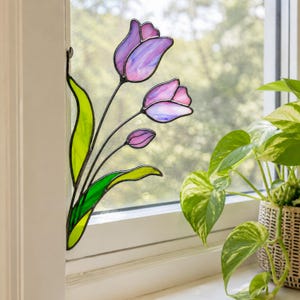 Stained Glass Purple Tulips Corner Suncatcher. Remembrance Flower Gift, Memorial Window Decor, Handmade Sympathy Gift for Loved One