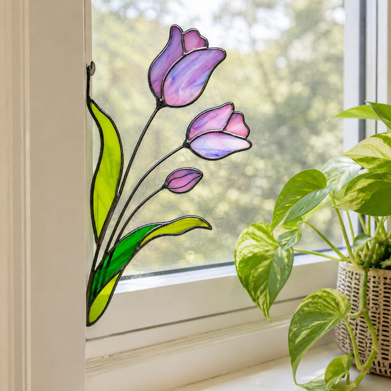 Stained Glass Purple Tulips Corner Suncatcher. Remembrance Flower Gift, Memorial Window Decor, Handmade Sympathy Gift for Loved One