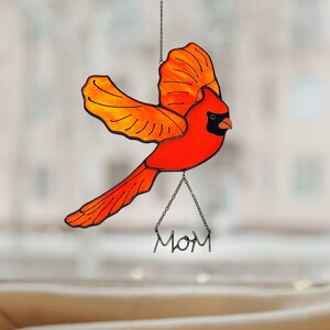 Personalized Red Bird Cardinal Suncatcher. Stained Glass Red Cardinal Window Hangings.