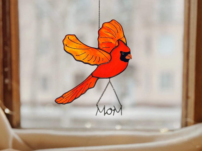 Personalized Red Bird Cardinal Suncatcher. Stained Glass Red Cardinal Window Hangings.