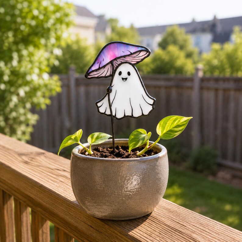 Stained glass ghost under purple mushroom plant stake. Christmas gift for mom. Cute ghost decor, handmade mushroom gift, whimsical garden decor
