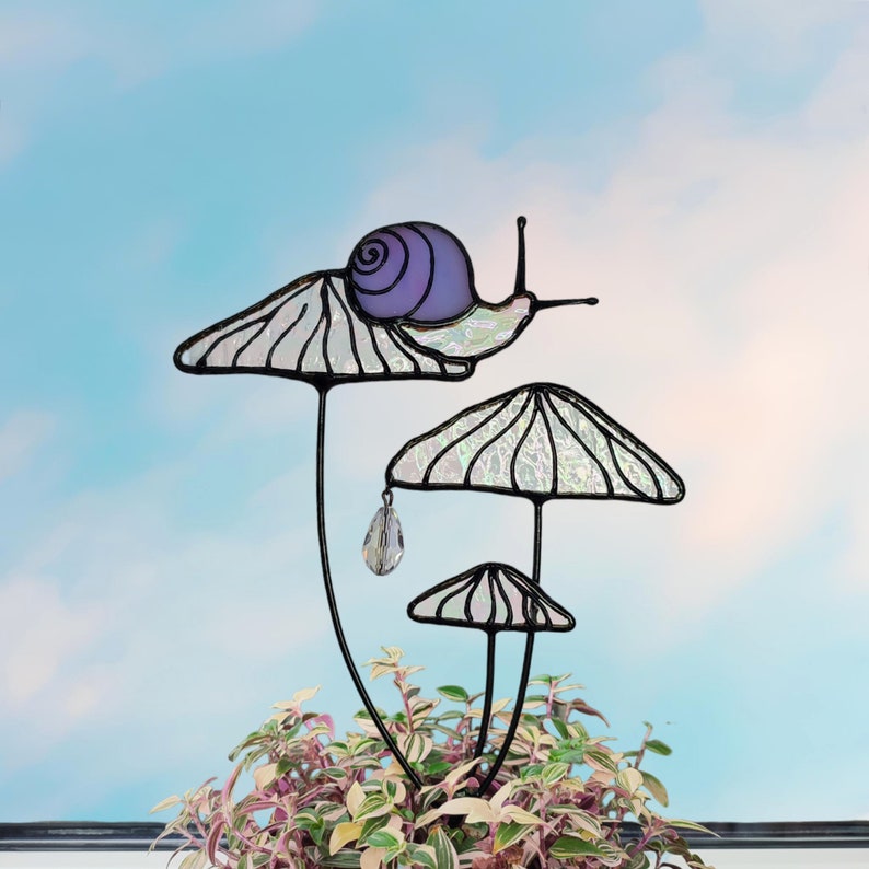 Magical Snail on Mushroom Plant Stake. Enchanting Stained Glass Garden Decoration