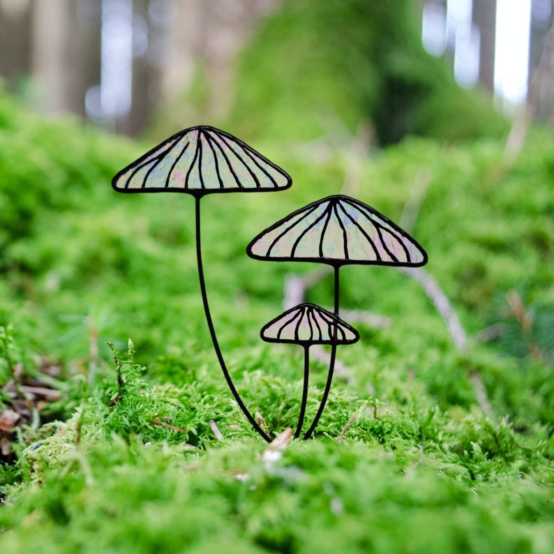 Iridescent Stained Glass Mushrooms Plant Stake