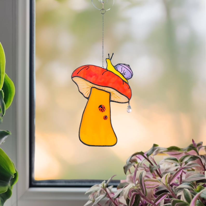 Stained Glass Mushroom Suncatcher with Snail & Ladybugs.