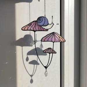 Mushrooms with Snail Stained Glass Window Hangings. Pink Suncatcher Mushrooms for Home Decoration.