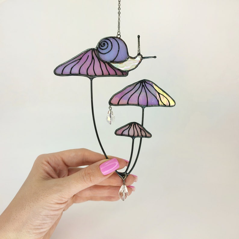 Mushrooms with Snail Stained Glass Window Hangings. Pink Suncatcher Mushrooms for Home Decoration.