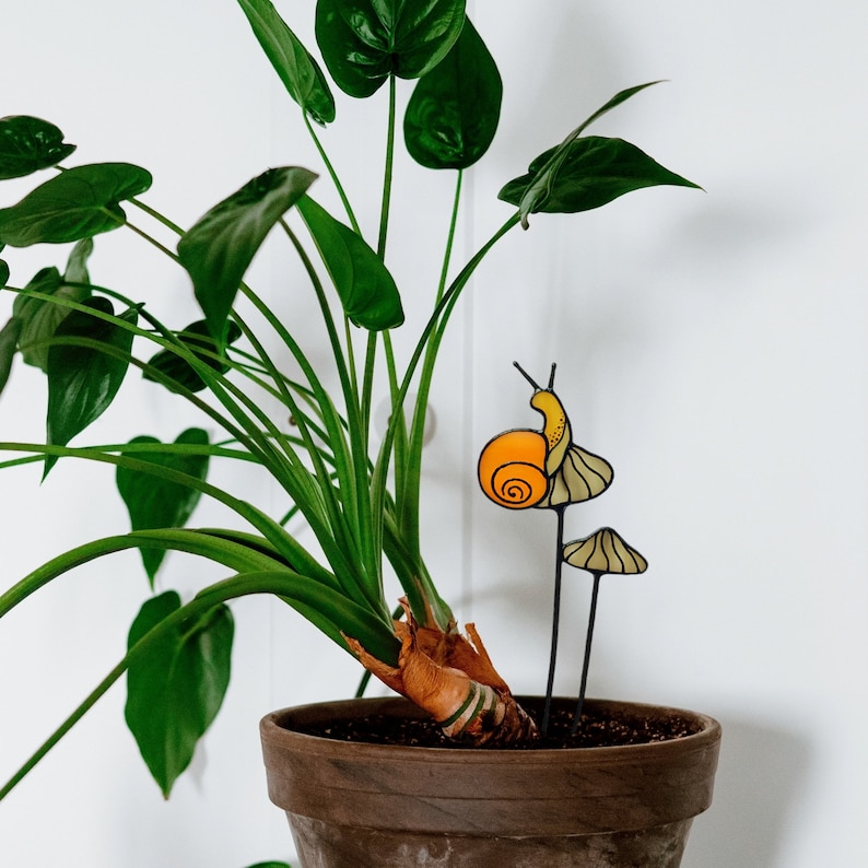 Stained Glass Orange Snail on Mushrooms Plant Stake