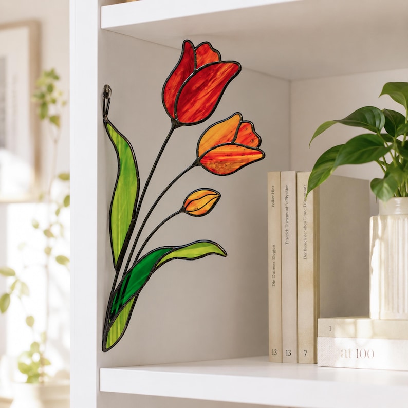 Stained Glass Orange Tulips Corner Suncatcher. Remembrance Flower Gift, Memorial Window Decor, Handmade Sympathy Gift for Loved One