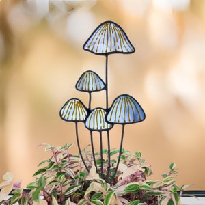 Stained Glass Blue Mushroom for Flower Pot Decor.