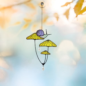 Mushrooms with Snail Stained Glass Window Hangings. Suncatcher Mushrooms for Home Decoration.