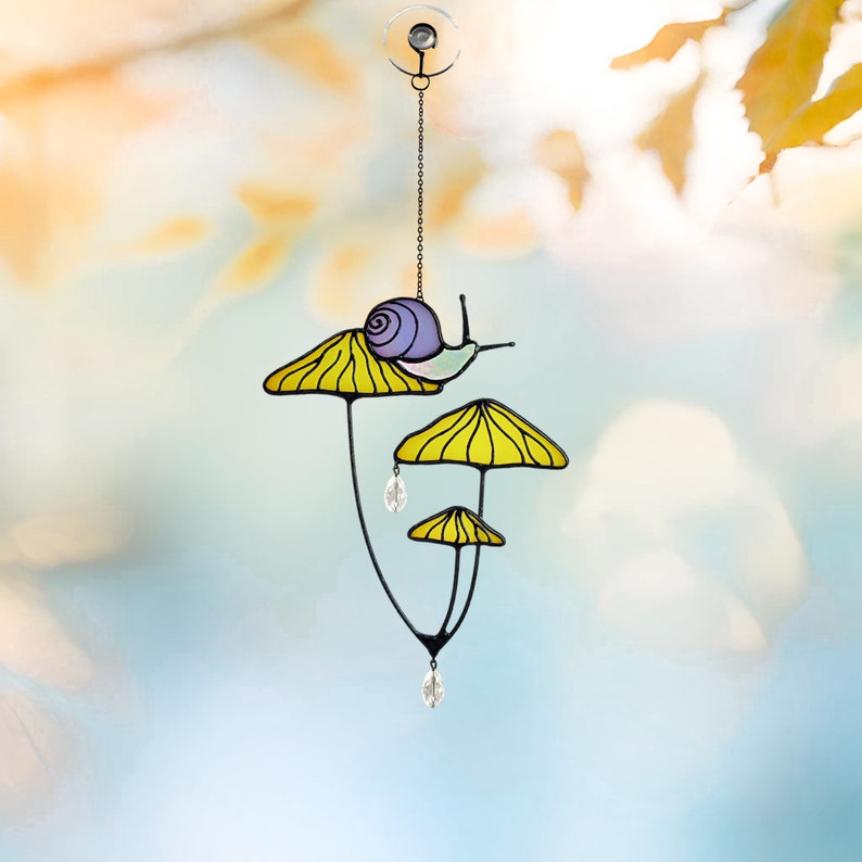 Mushrooms with Snail Stained Glass Window Hangings. Suncatcher Mushrooms for Home Decoration.