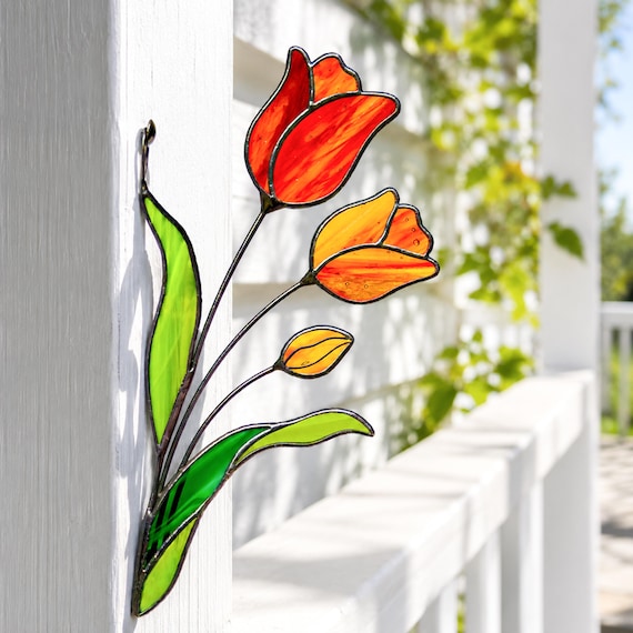 Stained Glass Orange Tulips Corner Suncatcher. Remembrance Flower Gift, Memorial Window Decor, Handmade Sympathy Gift for Loved One