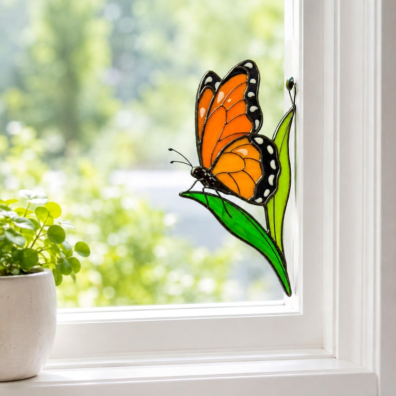 Monarch butterfly stained glass suncatcher. Whimsical christmas gift. Handmade butterfly window hanging, gift for mom, modern home decor