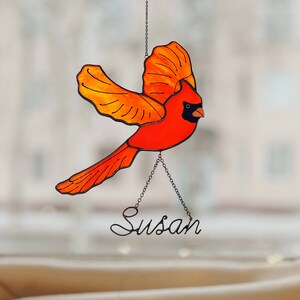 Personalized Red Bird Cardinal Suncatcher. Stained Glass Red Cardinal Window Hangings.