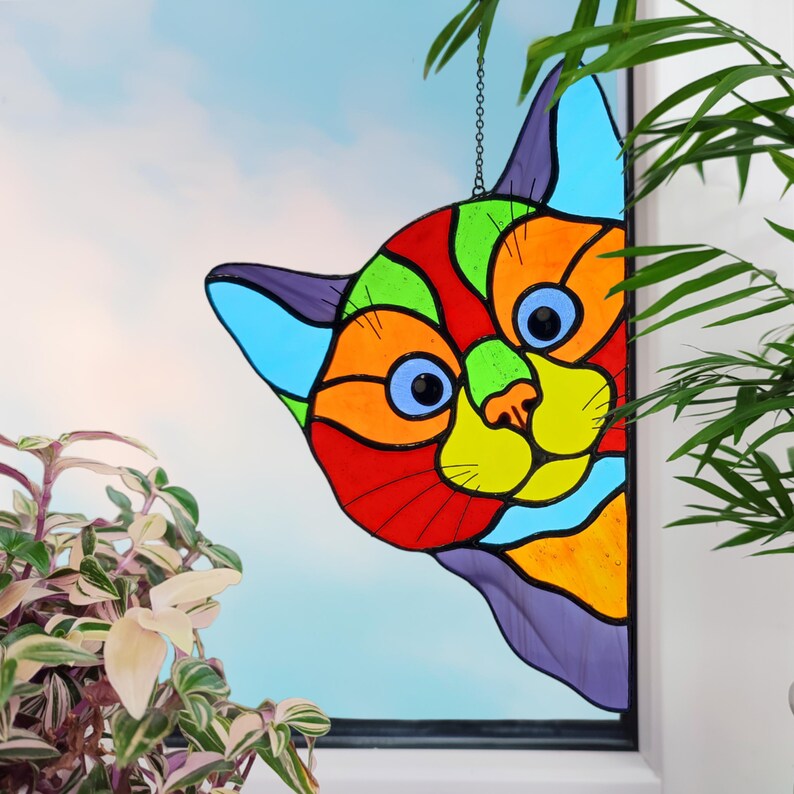 Stained Glass Peeking Tabby Cat Window Hangings. Perfect Etsy