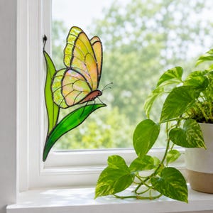 Beige iridescent butterfly stained glass suncatcher. Whimsical christmas gift. Handmade butterfly window hanging, gift for mom, modern home decor