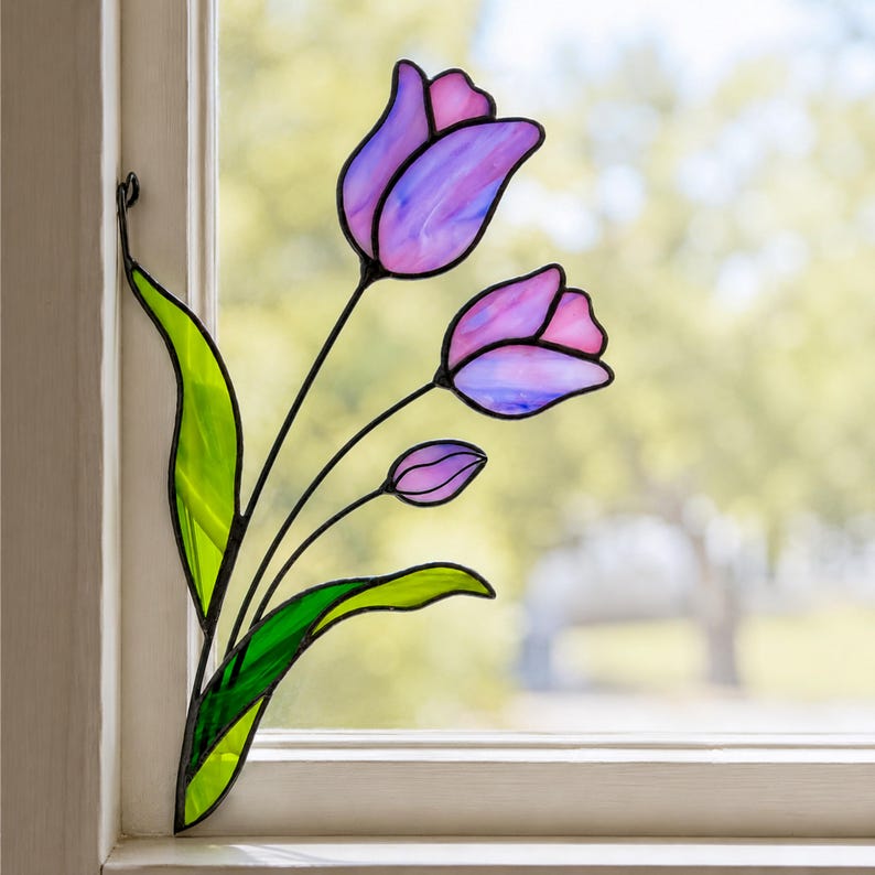 Stained Glass Purple Tulips Corner Suncatcher. Remembrance Flower Gift, Memorial Window Decor, Handmade Sympathy Gift for Loved One