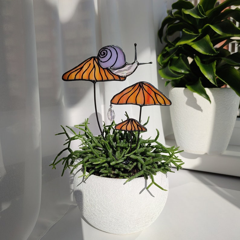 Magical Snail on Orange Mushroom Plant Stake. Enchanting Stained Glass Garden Decoration