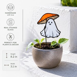 Stained glass ghost with orange mushroom plant stake. Halloween plant decor. Cute ghost decor, spooky garden decor, handmade halloween gift