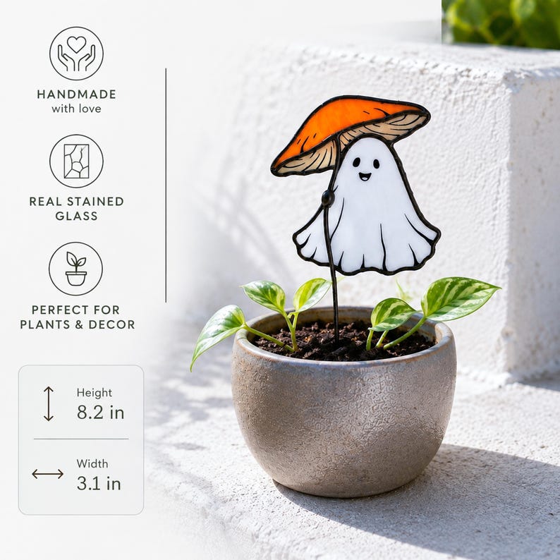 Stained glass ghost with orange mushroom plant stake. Halloween plant decor. Cute ghost decor, spooky garden decor, handmade halloween gift