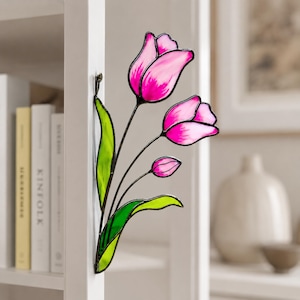 Stained Glass Pink Tulips Corner Suncatcher. Remembrance Flower Gift, Memorial Window Decor, Handmade Sympathy Gift for Loved One