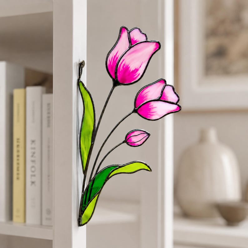 Stained Glass Pink Tulips Corner Suncatcher. Remembrance Flower Gift, Memorial Window Decor, Handmade Sympathy Gift for Loved One