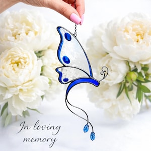 Stained Glass Blue Butterfly Suncatcher. Memory Gift, In Loving Memory Decor, Sympathy Window Hanging