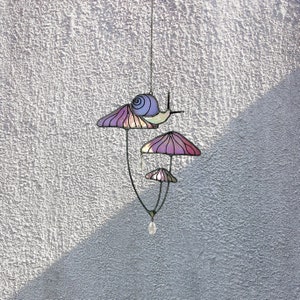 Mushrooms with Snail Stained Glass Window Hangings. Pink Suncatcher Mushrooms for Home Decoration.