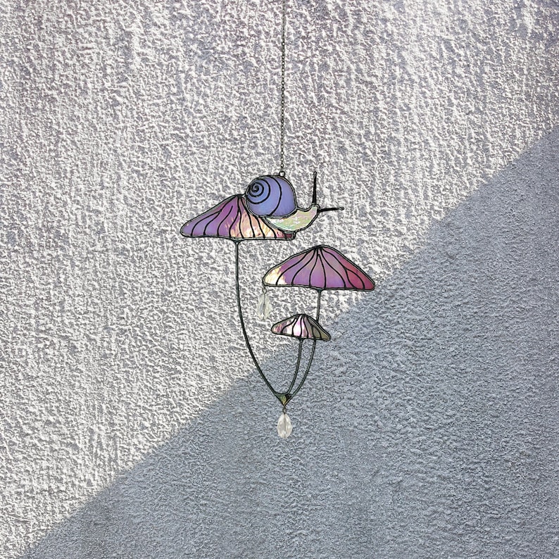 Mushrooms with Snail Stained Glass Window Hangings. Pink Suncatcher Mushrooms for Home Decoration.