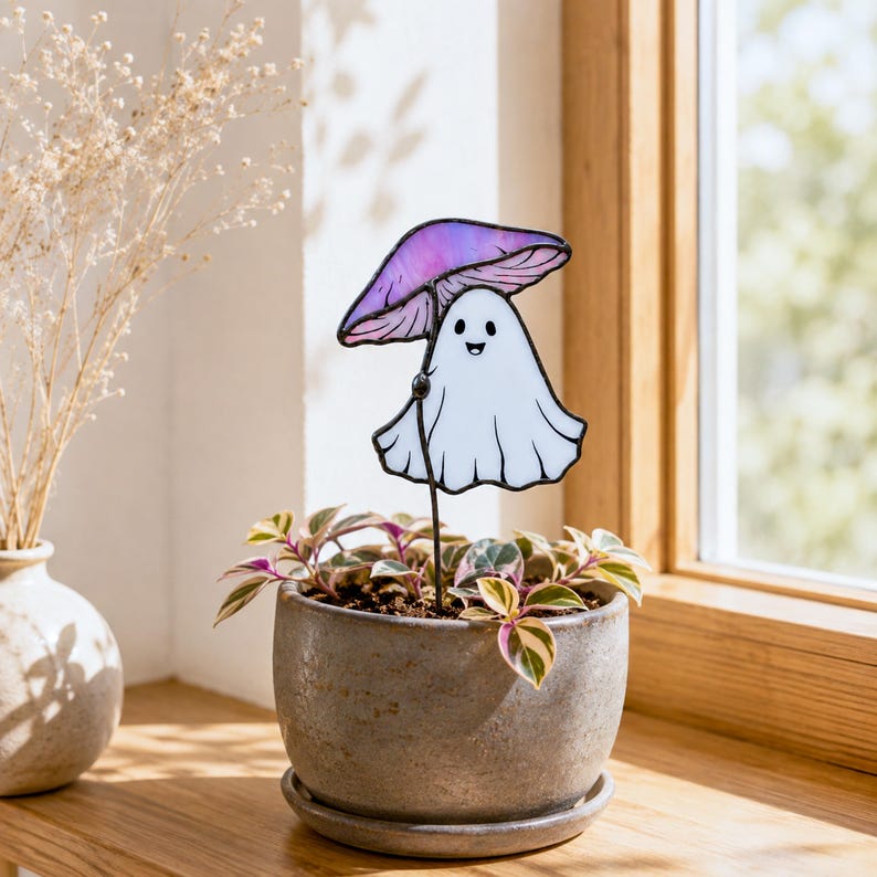 Stained glass ghost with purple mushroom plant stake. Halloween plant decor. Cute ghost decor, spooky garden decor, handmade halloween gift