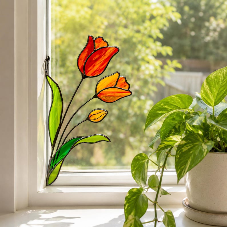 Stained Glass Orange Tulips Corner Suncatcher. Remembrance Flower Gift, Memorial Window Decor, Handmade Sympathy Gift for Loved One