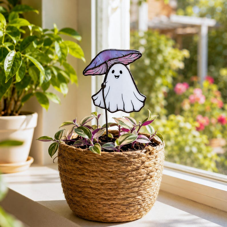 Stained glass ghost with purple mushroom plant stake. Halloween plant decor. Cute ghost decor, spooky garden decor, handmade halloween gift