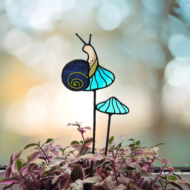 Stained Glass Snail on Mushrooms Plant Stake