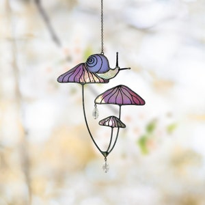 Mushrooms with Snail Stained Glass Window Hangings. Pink Suncatcher Mushrooms for Home Decoration.