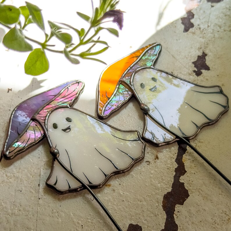 Stained glass ghost under mushroom plant stakes. Christmas gift for mom. Cute ghost decor, handmade mushroom gift, whimsical garden decor
