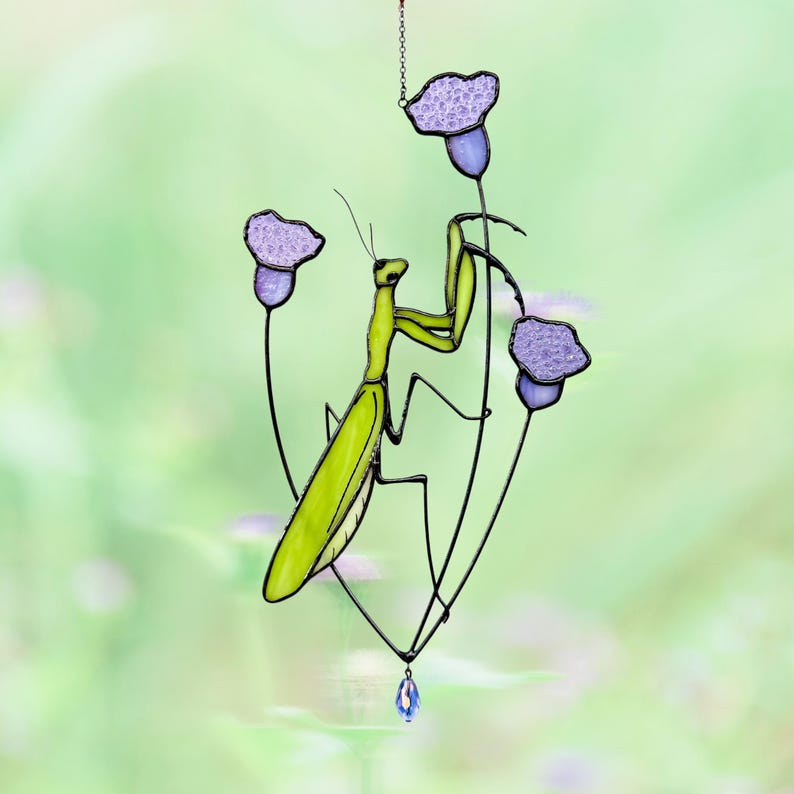 Handmade Stained Glass Praying Mantis Garden Plant Stakes. Unique Bug Lover Gift. Whimsical Home and Garden Decor for Nature Lovers